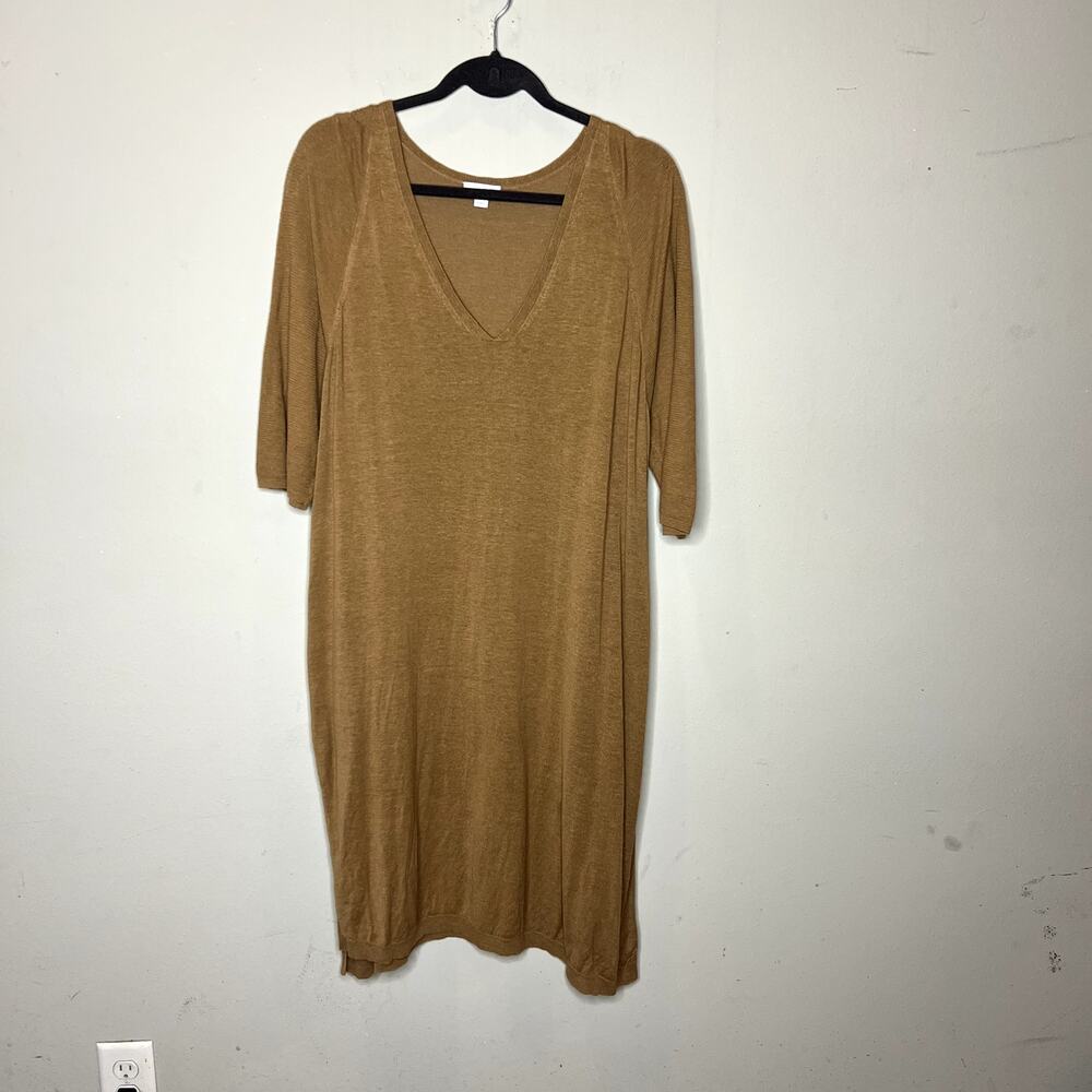 J. Jill Sweater Dress Womens 2X Brown Linen Blend V-Neck 3/4 Sleeve Side Slits